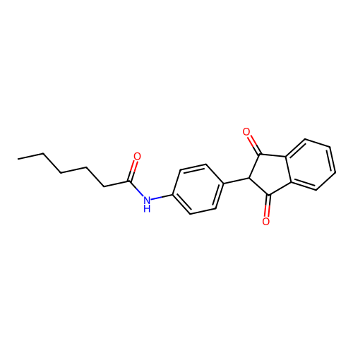 N-(4-(1,3-dioxo-2,3-dihydro-1H-inden-2-yl)phenyl)hexanamide structure