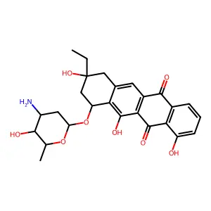 5,12-Naphthacenedione, 10-((3-amino-2,3,6-trideoxy-alpha-L-lyxo-hexopyranosyl)oxy)-8-ethyl-7,8,9,10-tetrahydro-1,8,11-trihydroxy-, (8S-cis)- structure
