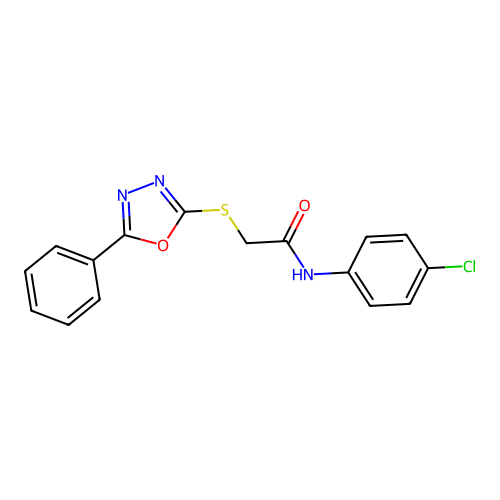 N-(4-chlorophenyl)-2-((5-phenyl-1,3,4-oxadiazol-2-yl)thio)acetamide structure