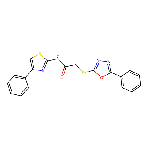 2-[(5-phenyl-1,3,4-oxadiazol-2-yl)sulfanyl]-N-(4-phenyl-1,3-thiazol-2-yl)acetamide structure