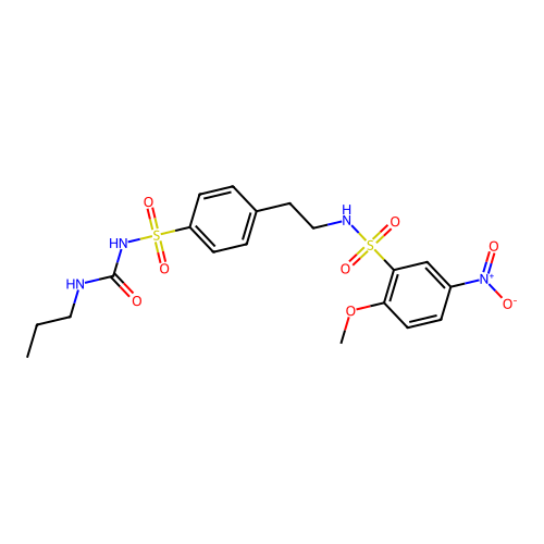 Benzenesulfonamide, 2-methoxy-5-nitro-N-(2-(4-((((propylamino)carbonyl)amino)sulfonyl)phenyl)ethyl)- structure