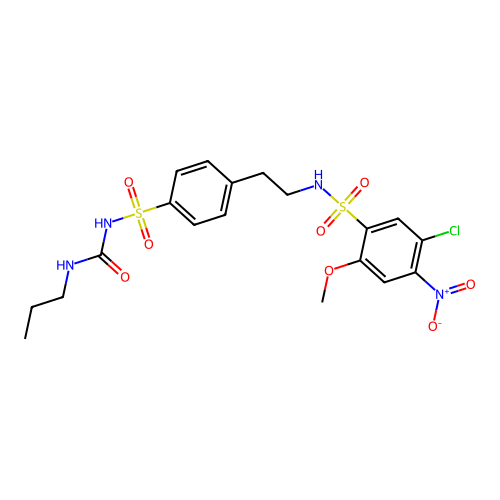 Benzenesulfonamide, 5-chloro-2-methoxy-4-nitro-N-(2-(4-((((propylamino)carbonyl)amino)sulfonyl)phenyl)ethyl)- structure