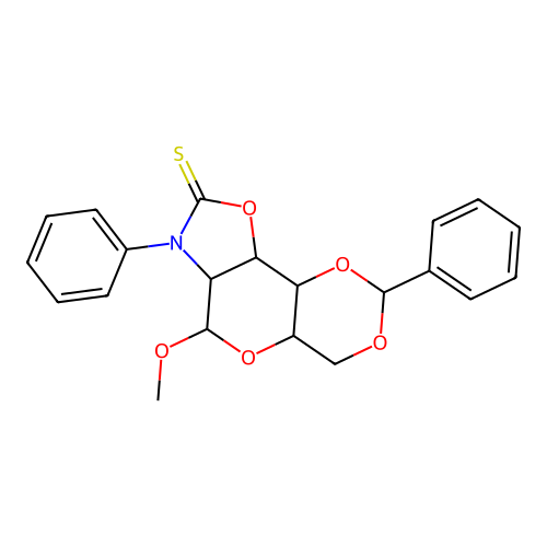 6-methoxy-2,7-diphenylhexahydro[1,3]dioxino[4',5':5,6]pyrano[3,4-d][1,3]oxazole-8(6h)-thione structure