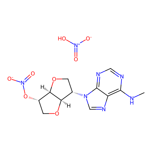 1,4:3,6-Dianhydro-2-deoxy-2-(6-(methylamino)-9H-purin-9-yl)-L-iditol 5-nitrate mononitrate structure