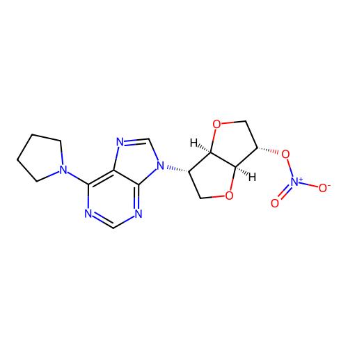 1,4:3,6-Dianhydro-2-deoxy-2-(6-(1-pyrrolidinyl)-9H-purin-9-yl)-L-iditol 5-nitrate structure