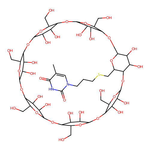 5-Methyl-1-[3-[[36,37,38,39,40,41,42,43,44,45,46,47,48,49-tetradecahydroxy-5,15,20,25,30,35-hexakis(hydroxymethyl)-2,4,7,9,12,14,17,19,22,24,27,29,32,34-tetradecaoxaoctacyclo[31.2.2.23,6.28,11.213,16.218,21.223,26.228,31]nonatetracontan-10-yl]methylsulfanyl]propyl]pyrimidine-2,4-dione structure