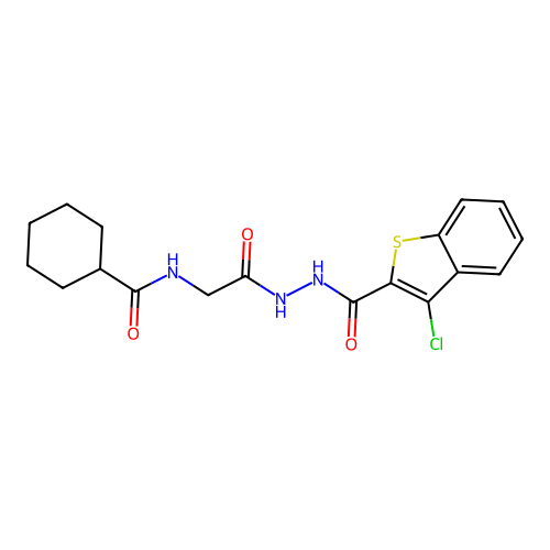 N-[2-[2-(3-chloro-1-benzothiophene-2-carbonyl)hydrazinyl]-2-oxoethyl]cyclohexanecarboxamide structure