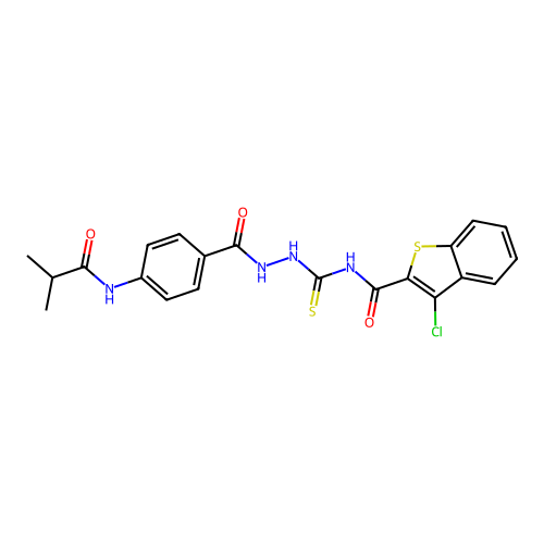3-chloro-N-({2-[4-(isobutyrylamino)benzoyl]hydrazino}carbonothioyl)-1-benzothiophene-2-carboxamide structure