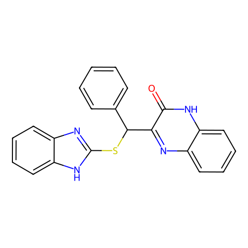 3-[(1H-benzimidazol-2-ylsulfanyl)(phenyl)methyl]quinoxalin-2-ol structure