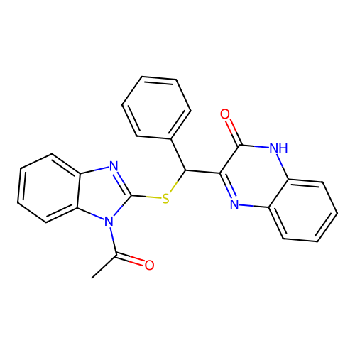 3-(((1-acetyl-1H-benzo[d]imidazol-2-yl)thio)(phenyl)methyl)quinoxalin-2(1H)-one structure