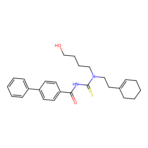 N-[2-(cyclohexen-1-yl)ethyl-(4-hydroxybutyl)carbamothioyl]-4-phenylbenzamide structure