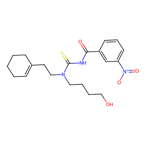 N-[2-(cyclohexen-1-yl)ethyl-(4-hydroxybutyl)carbamothioyl]-3-nitrobenzamide structure