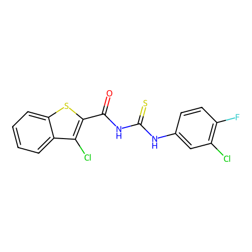 3-chloro-N-[(3-chloro-4-fluorophenyl)carbamothioyl]-1-benzothiophene-2-carboxamide structure