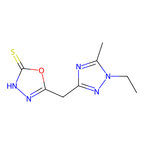 5-[(1-ethyl-5-methyl-1,2,4-triazol-3-yl)methyl]-3H-1,3,4-oxadiazole-2-thione structure