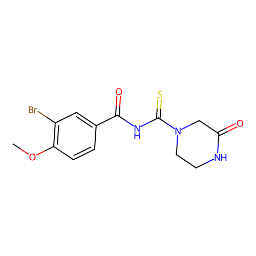 3-bromo-4-methoxy-N-(3-oxopiperazine-1-carbothioyl)benzamide structure