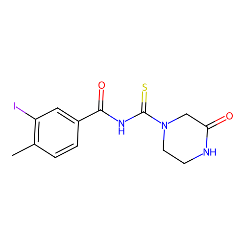 3-iodo-4-methyl-N-(3-oxopiperazine-1-carbothioyl)benzamide structure