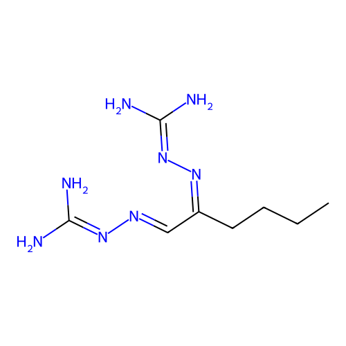 2-[1-(Diaminomethylidenehydrazinylidene)hexan-2-ylideneamino]guanidine structure
