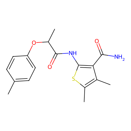 4,5-Dimethyl-2-{[2-(4-methylphenoxy)propanoyl]amino}-3-thiophenecarboxamide structure