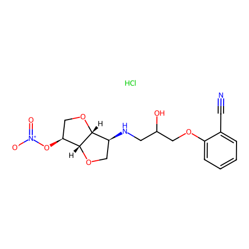 5-(2-Hydroxy-3-(2-cyanophenoxy)-propylamino)-5-desoxy-1,4:3,6-dianhydro-L-idit-2-nitrat HCl structure