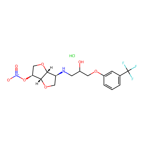 L-Iditol, 1,4:3,6-dianhydro-2-deoxy-2-((2-hydroxy-3-(3- (trifluoromethyl)phenoxy)propyl)amino)-, 5-nitrate, monohydrochloride structure