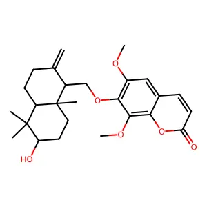 2H-1-Benzopyran-2-one, 7-(((1R,4aR,6R,8aS)-decahydro-6-hydroxy-5,5,8a-trimethyl-2-methylene-1-naphthalenyl)methoxy)-6,8-dimethoxy- structure