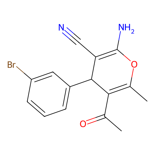 5-acetyl-2-amino-4-(3-bromophenyl)-6-methyl-4H-pyran-3-carbonitrile structure