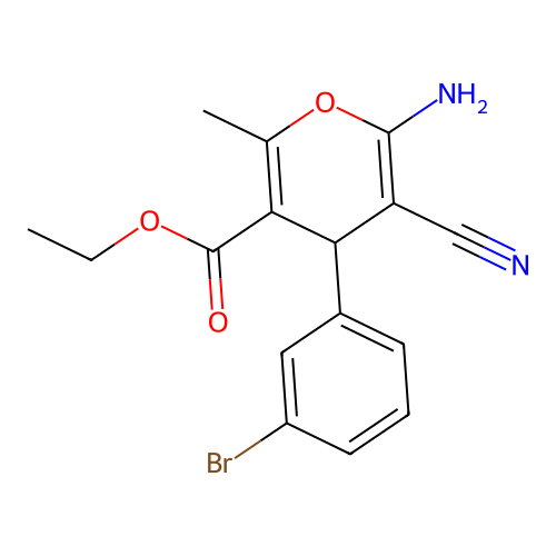 ethyl 6-amino-4-(3-bromophenyl)-5-cyano-2-methyl-4H-pyran-3-carboxylate structure