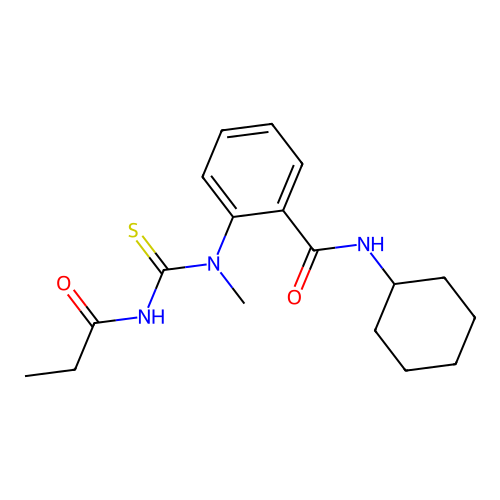 N-cyclohexyl-2-[methyl(propanoylcarbamothioyl)amino]benzamide structure