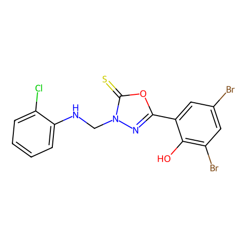 1,3,4-Oxadiazole-2(3H)-thione, 3-(((2-chlorophenyl)amino)methyl)-5-(3,5-dibromo-2-hydroxyphenyl)- structure