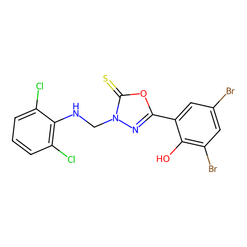 1,3,4-Oxadiazole-2(3H)-thione, 5-(3,5-dibromo-2-hydroxyphenyl)-3-(((2,6-dichlorophenyl)amino)methyl)- structure