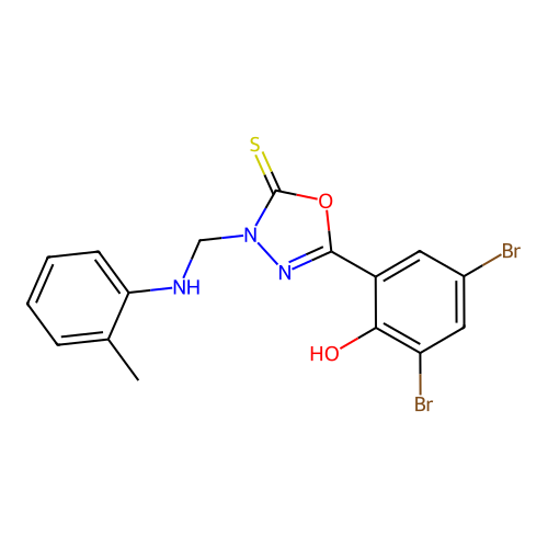 1,3,4-Oxadiazole-2(3H)-thione, 5-(3,5-dibromo-2-hydroxyphenyl)-3-(((2-methylphenyl)amino)methyl)- structure