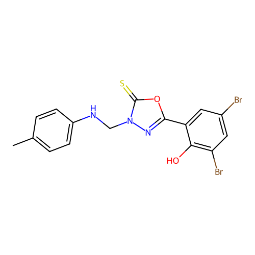 1,3,4-Oxadiazole-2(3H)-thione, 5-(3,5-dibromo-2-hydroxyphenyl)-3-(((4-methylphenyl)amino)methyl)- structure