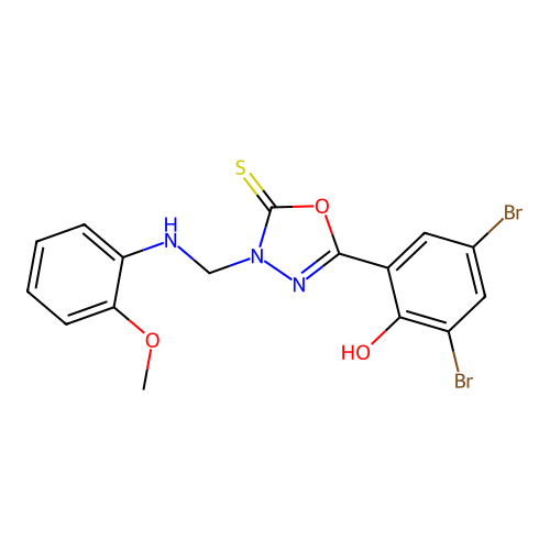 1,3,4-Oxadiazole-2(3H)-thione, 5-(3,5-dibromo-2-hydroxyphenyl)-3-(((2-methoxyphenyl)amino)methyl)- structure