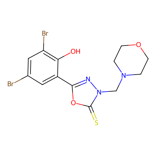 1,3,4-Oxadiazole-2(3H)-thione, 5-(3,5-dibromo-2-hydroxyphenyl)-3-(4-morpholinylmethyl)- structure