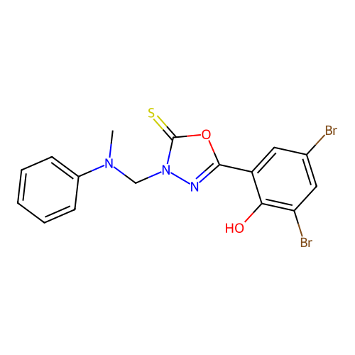 1,3,4-Oxadiazole-2(3H)-thione, 5-(3,5-dibromo-2-hydroxyphenyl)-3-((methylphenylamino)methyl)- structure