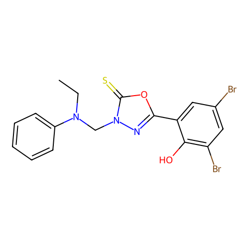 1,3,4-Oxadiazole-2(3H)-thione, 5-(3,5-dibromo-2-hydroxyphenyl)-3-((ethylphenylamino)methyl)- structure