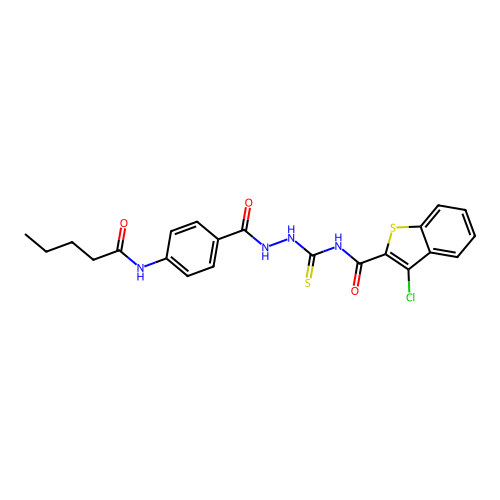 3-chloro-N-({2-[4-(pentanoylamino)benzoyl]hydrazino}carbonothioyl)-1-benzothiophene-2-carboxamide structure