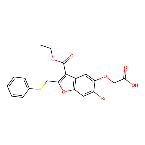 3-Benzofurancarboxylic acid, 6-bromo-5-(hydroperoxyacetyl)-2-((phenylthio)methyl)-, ethyl ester structure