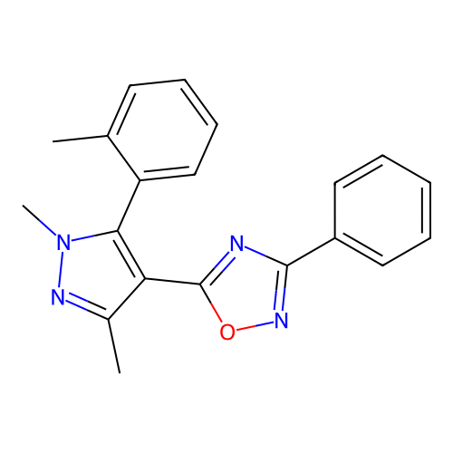 5-[1,3-Dimethyl-5-(2-methylphenyl)-1H-pyrazol-4-yl]-3-phenyl-1,2,4-oxadiazole structure