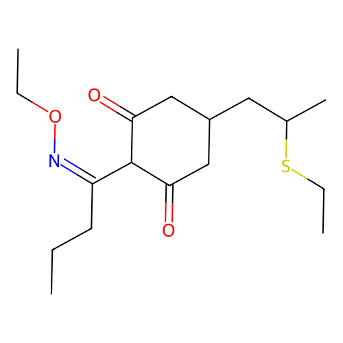 (Z)-2-(1-(ethoxyimino)butyl)-5-(2-(ethylthio)propyl)cyclohexane-1,3-dione structure