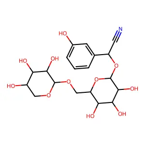 Benzeneacetonitrile, 3-hydroxy-alpha-((6-O-beta-D-xylopyranosyl-beta-D-glucopyranosyl)oxy)-, (alphaS)- structure