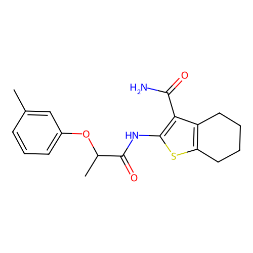 2-{[2-(3-methylphenoxy)propanoyl]amino}-4,5,6,7-tetrahydro-1-benzothiophene-3-carboxamide structure