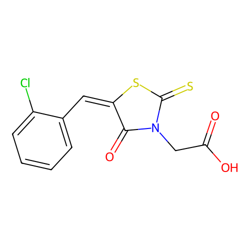 (E)-2-(5-(2-chlorobenzylidene)-4-oxo-2-thioxothiazolidin-3-yl)acetic acid structure