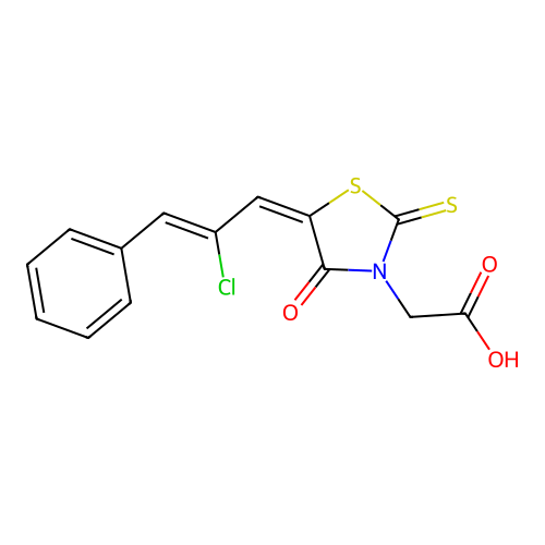 2-((E)-5-((Z)-2-chloro-3-phenylallylidene)-4-oxo-2-thioxothiazolidin-3-yl)acetic acid structure