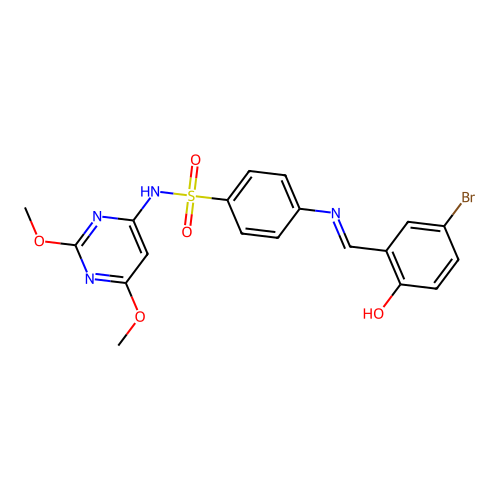 4-[(5-bromo-2-hydroxybenzylidene)amino]-N-(2,6-dimethoxy-4-pyrimidinyl)benzenesulfonamide structure