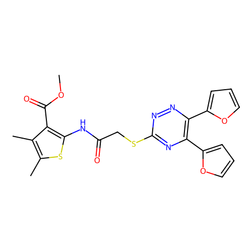 methyl 2-(2-((5,6-di(furan-2-yl)-1,2,4-triazin-3-yl)thio)acetamido)-4,5-dimethylthiophene-3-carboxylate structure