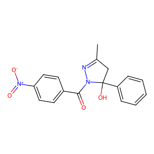 1-({4-nitrophenyl}carbonyl)-3-methyl-5-phenyl-4,5-dihydro-1H-pyrazol-5-ol structure