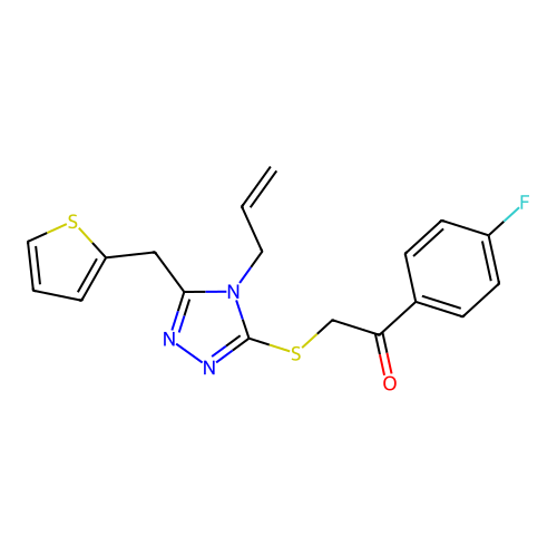 1-(4-fluorophenyl)-2-[[4-prop-2-enyl-5-(thiophen-2-ylmethyl)-1,2,4-triazol-3-yl]sulfanyl]ethanone structure