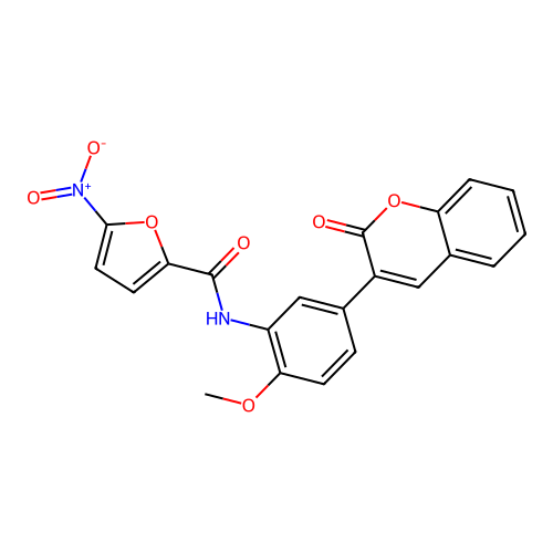 N-[2-methoxy-5-(2-oxo-1-benzopyran-3-yl)phenyl]-5-nitro-2-furancarboxamide structure