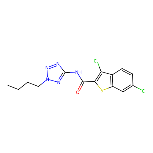 N-(2-butyl-2H-tetrazol-5-yl)-3,6-dichloro-1-benzothiophene-2-carboxamide structure